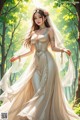 A woman in a wedding dress standing in the woods.