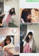 A collage of photos of a woman in a pink shirt and a white towel.