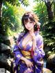 A woman in a purple kimono standing in a forest.